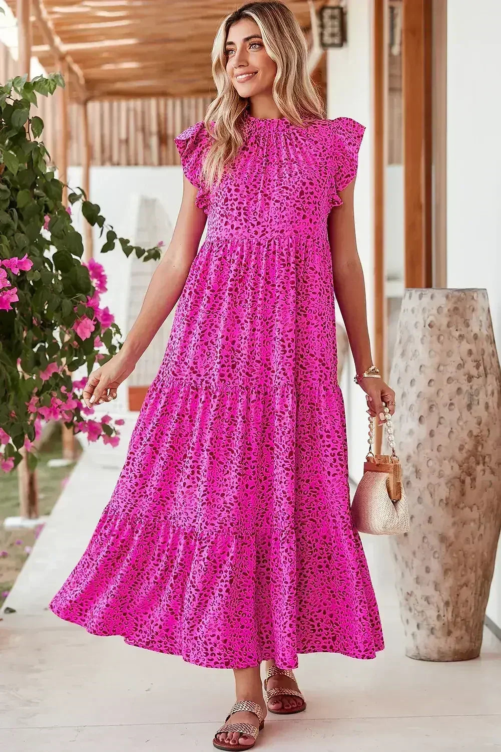 Rose Red Leopard Print Ruffle Sleeveless Maxi Dress