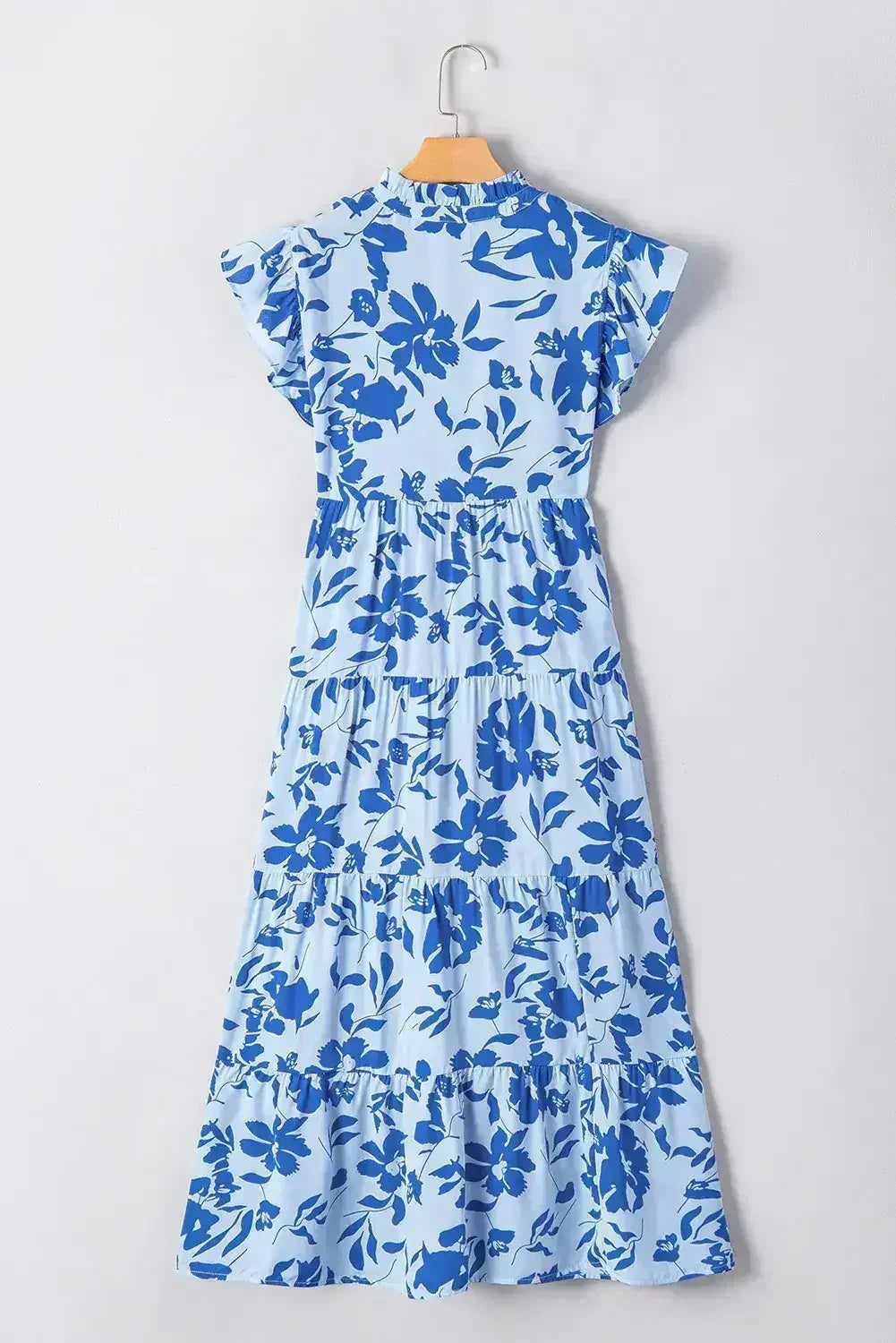 Rose Floral Print Tiered Flutter Sleeve Maxi Dress