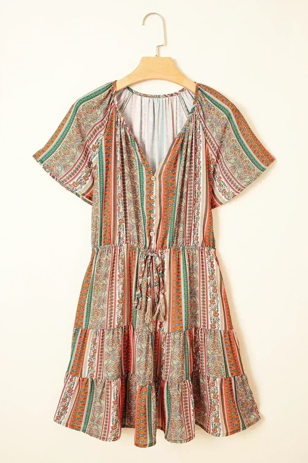Red Bohemian Floral Print Buttoned V Neck Ruffle Tiered Dress