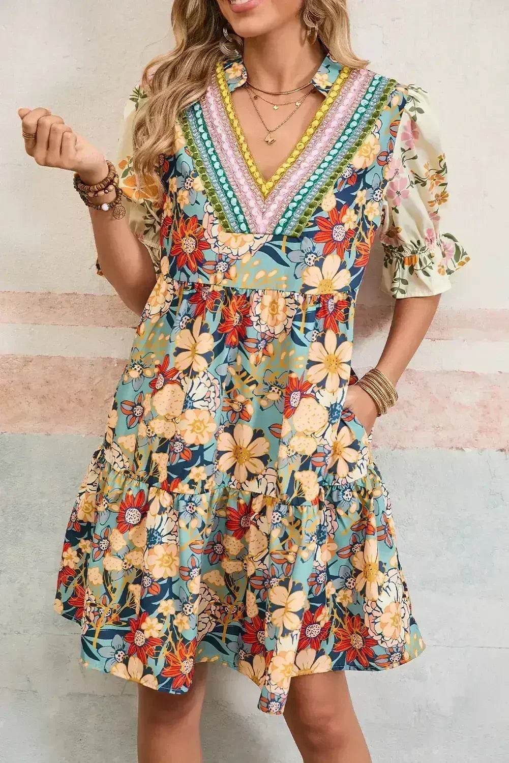 Multicolor Allover Floral Print Tiered Pop of Color Neckline Dress
