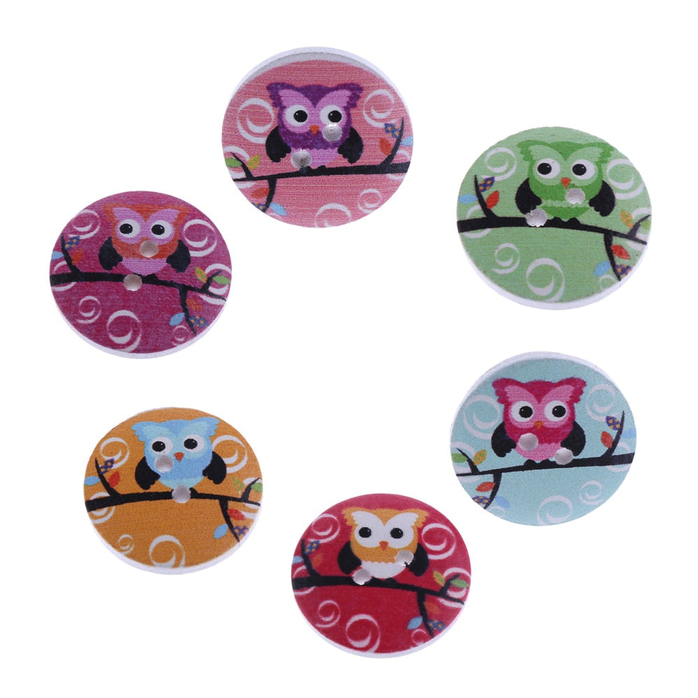 50 Pcs DIY 20mm Mixed OWL Wooden Buttons 2 Holes