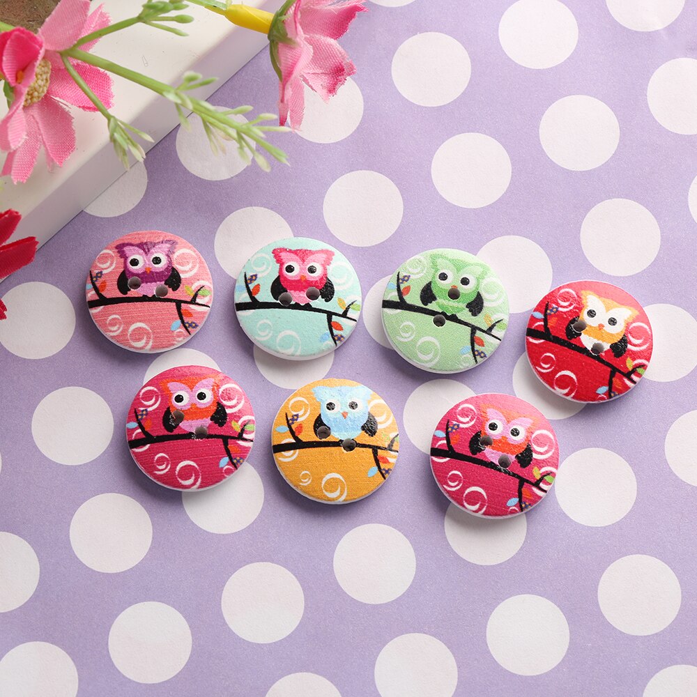 50 Pcs DIY 20mm Mixed OWL Wooden Buttons 2 Holes