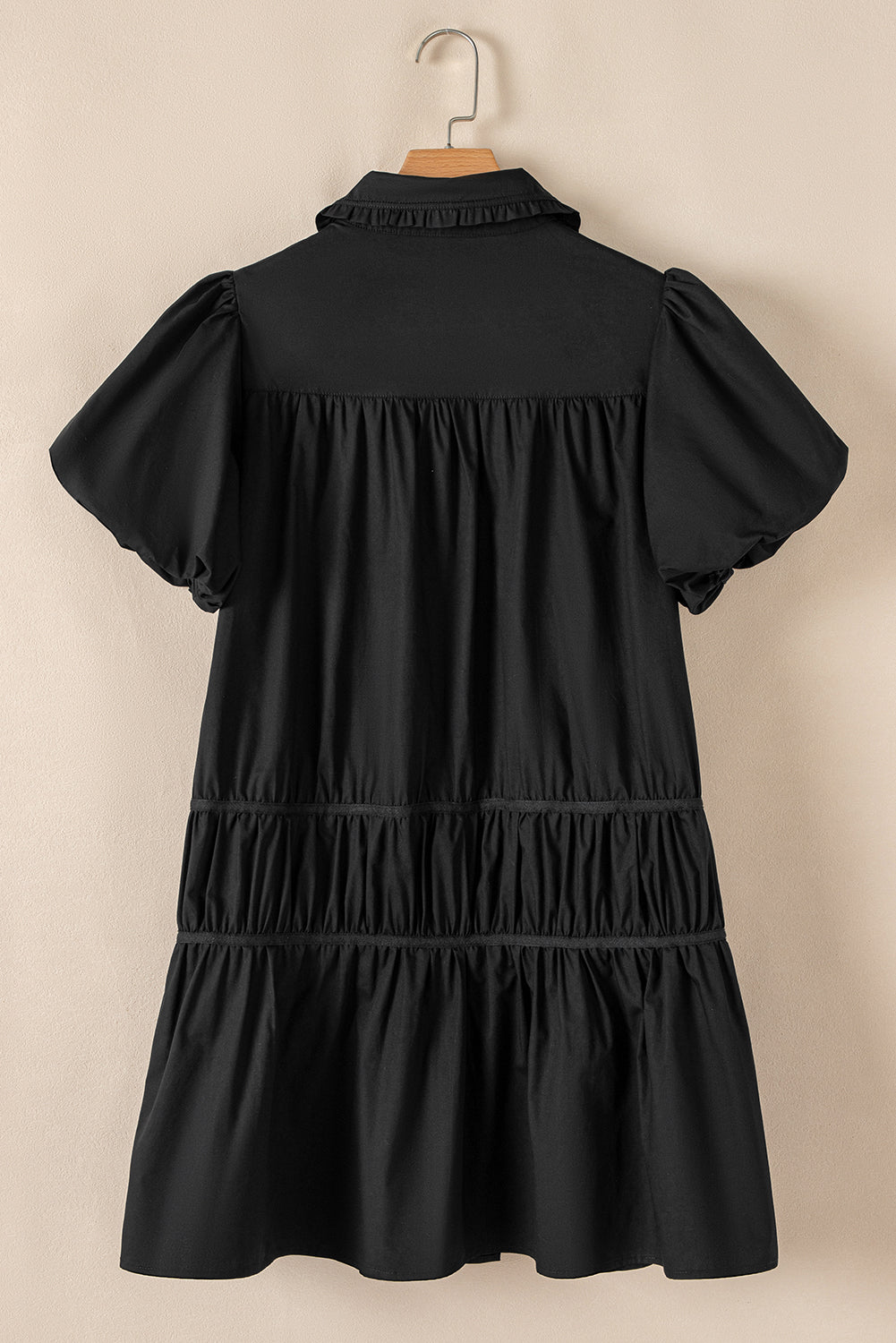 Black Button Down Puff Sleeve Ruched Ruffle Hem Dress