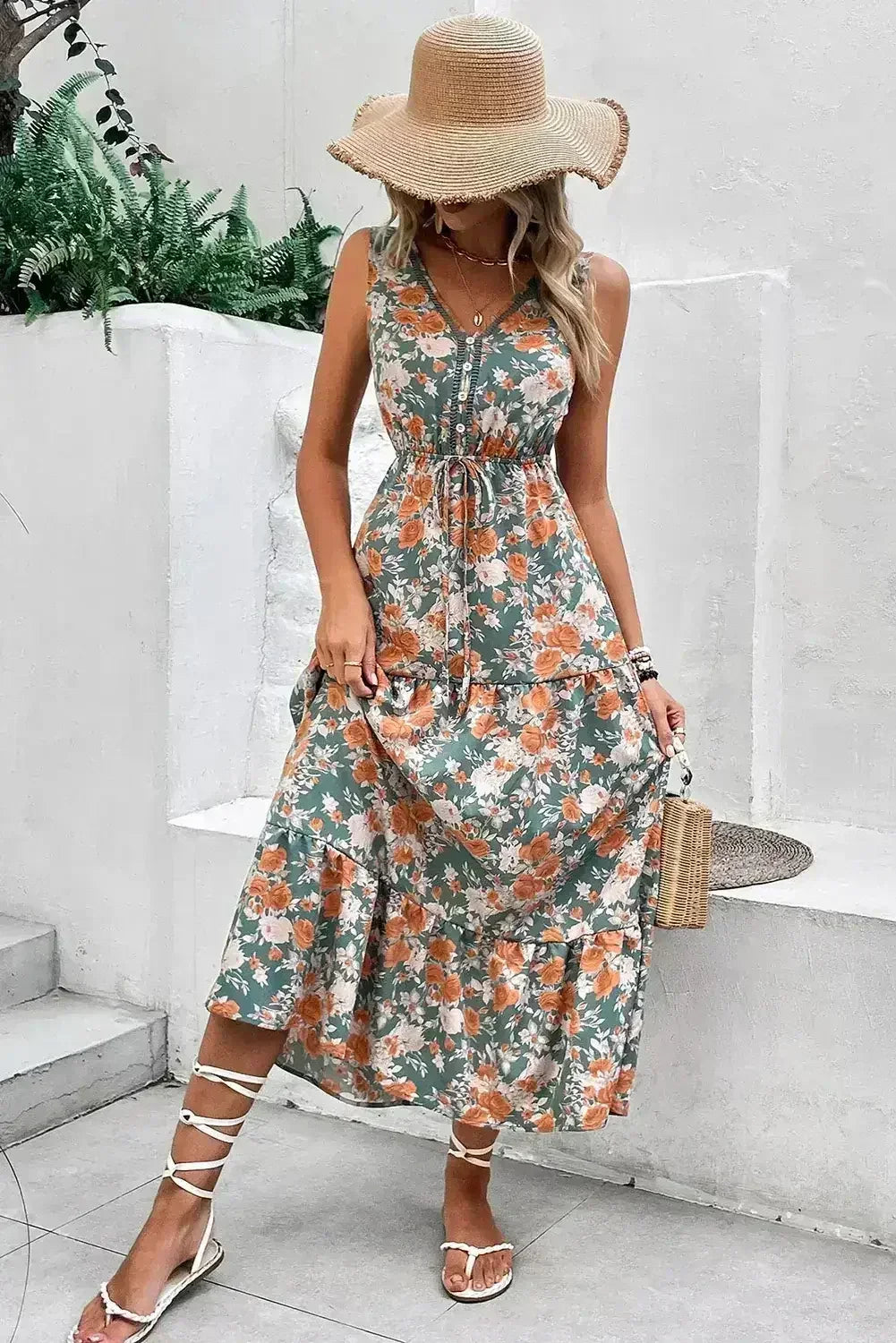 Green Floral Print Trimmed V Neck Sleeveless Vacation Dress