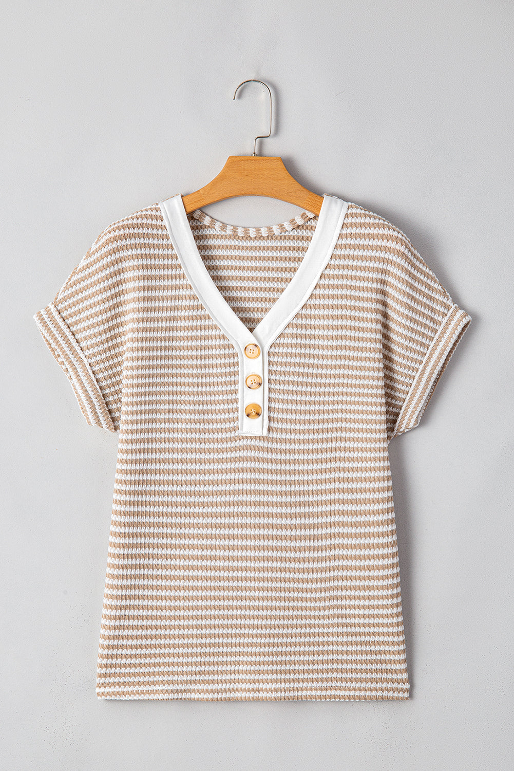 Khaki Striped Knitted Top with Button Front and V Neck for Women's Blouse