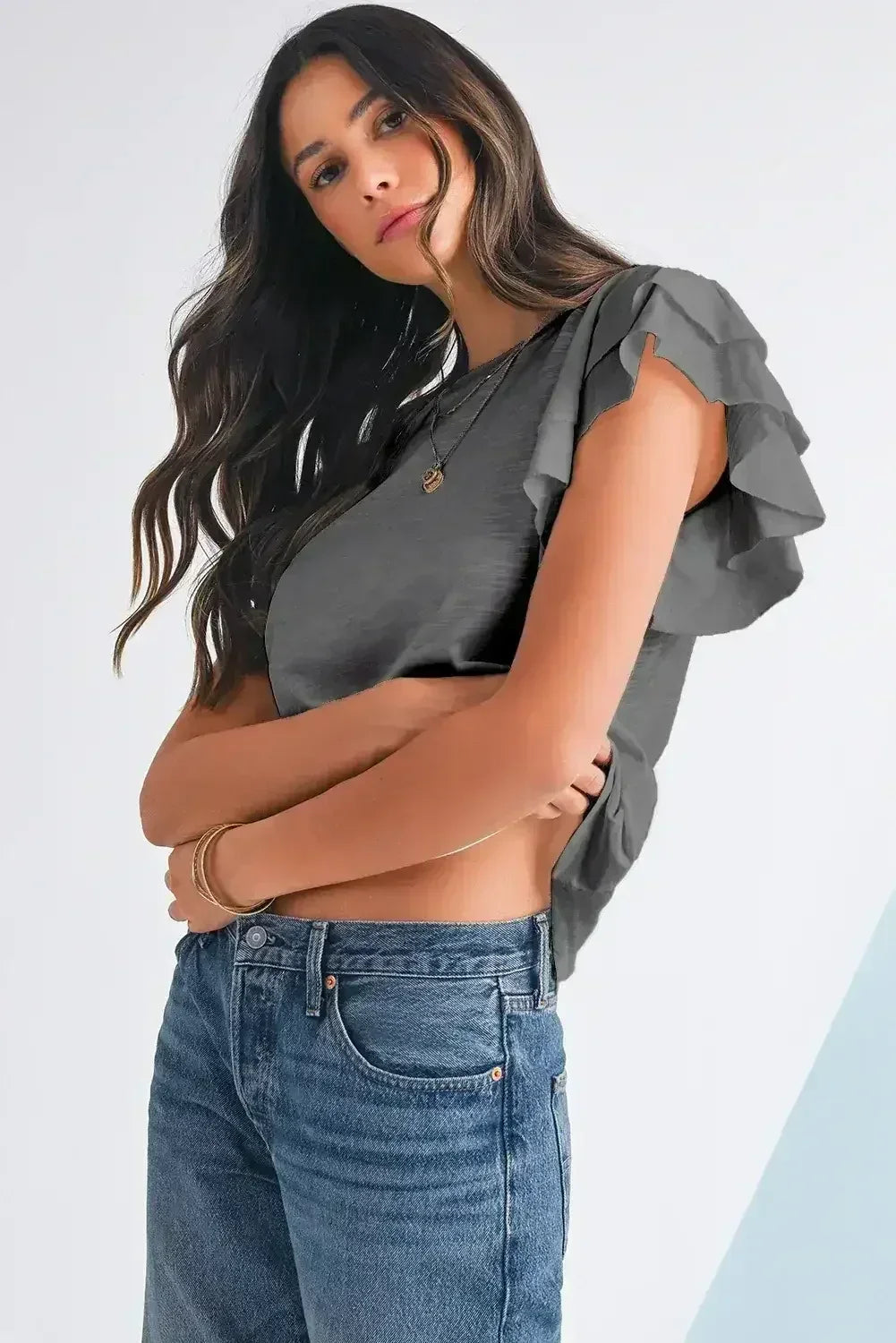 Dark Grey Ruffle Sleeve Plain Blouse | Femstylo