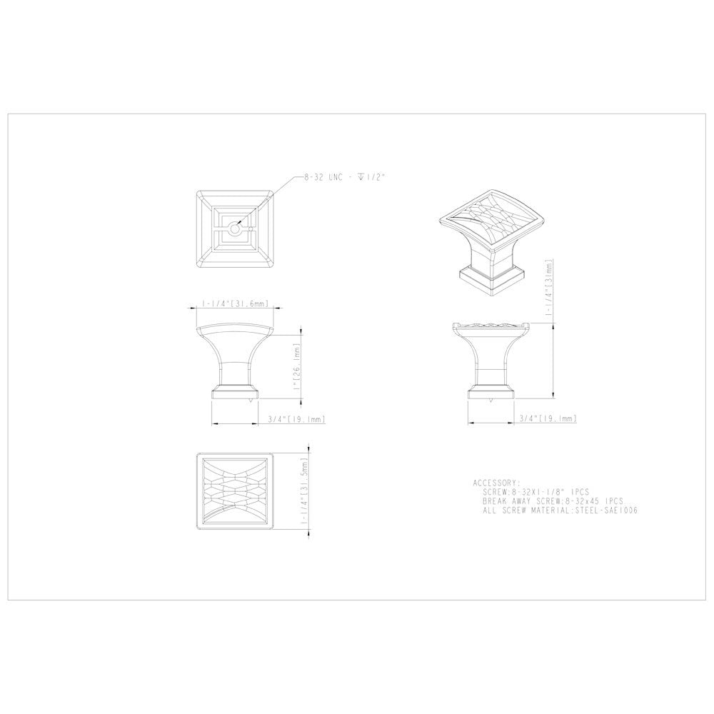 1-1/4" Overall Length Square Geometric Pattern Aberdeen Cabinet Knob