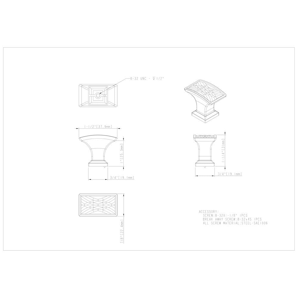 1-1/2" Overall Length Satin Nickel Rectangle Geometric Pattern Aberdeen Cabinet Knob