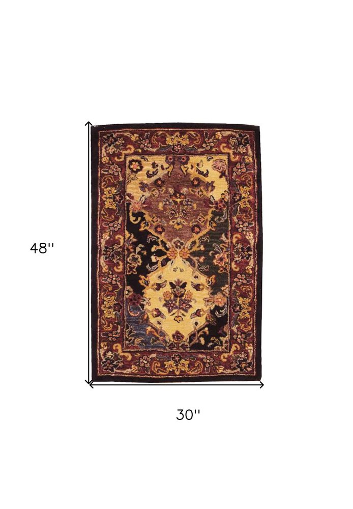 3' X 4' Tan Black and Red Wool Floral Area Rug
