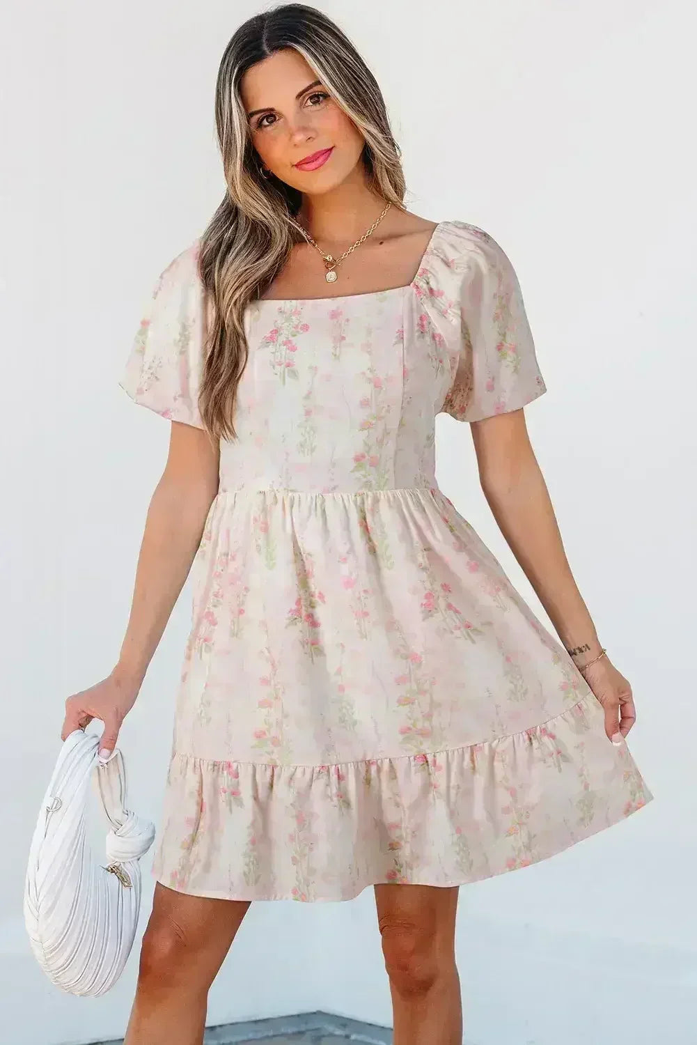 Pink Floral Puff Sleeve Square Neck Knotted Backless Ruffle Mini Dress
