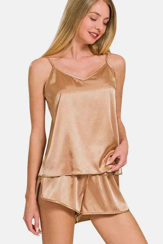 Zenana Satin Cami Loungewear with V-Neck and Elastic Waist