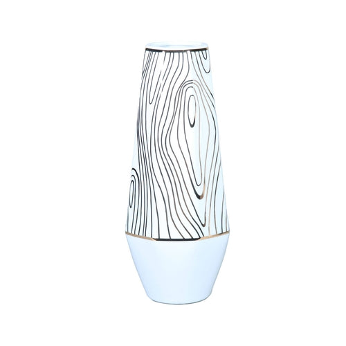 15" White and Gold Faux Bois Cylinder Ceramic Table Vase