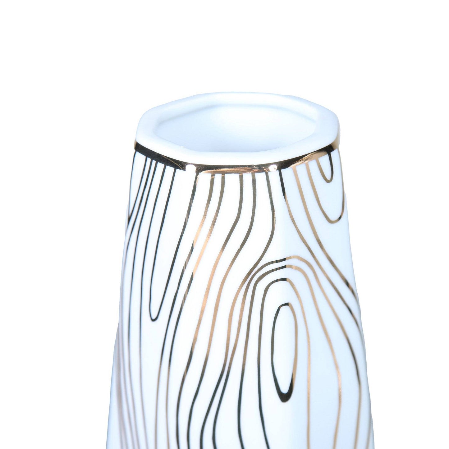 15" White and Gold Faux Bois Cylinder Ceramic Table Vase