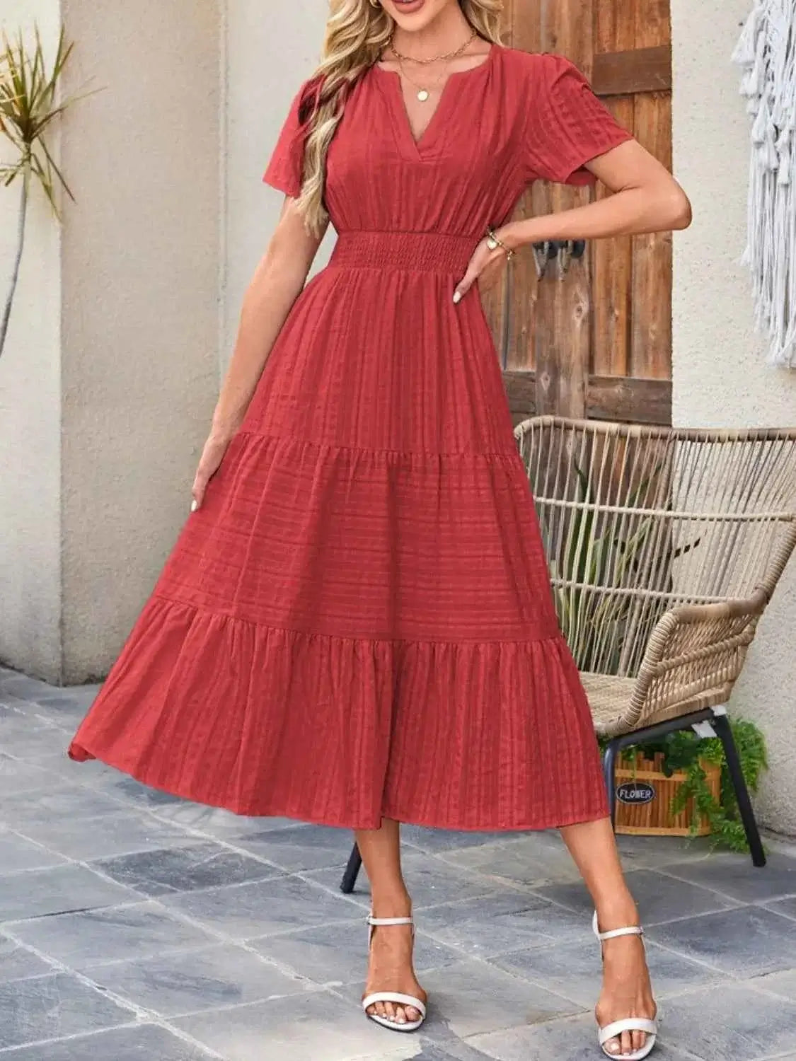 Tiered Notched Short Sleeve Dress