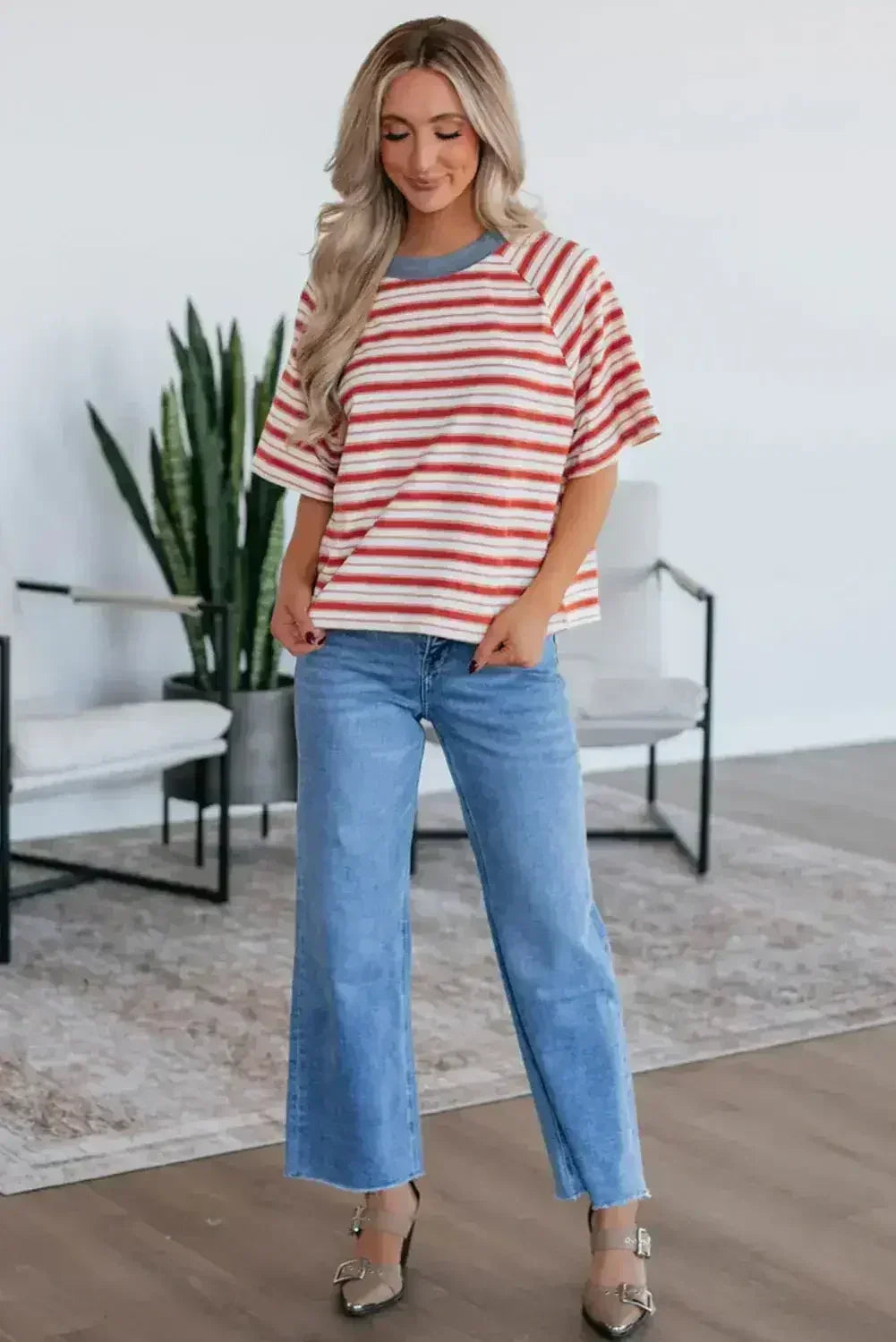 Tomato Red Striped Raglan Sleeve Contrast Neck T-Shirt