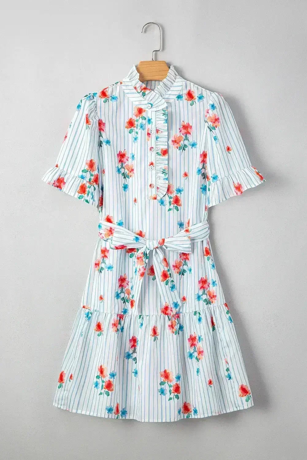 Sky Blue Striped Floral Print Ruffle Belted Mini Dress