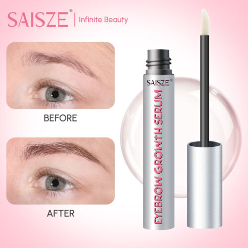 Saisze Eyebrow Growth Serum with 'Before' and 'After' effects on eyebrows on a pink background.