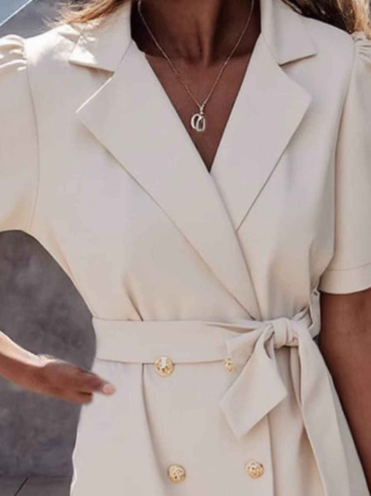 Lapel Collar Mini Dress with Short Sleeves and Tie Waist
