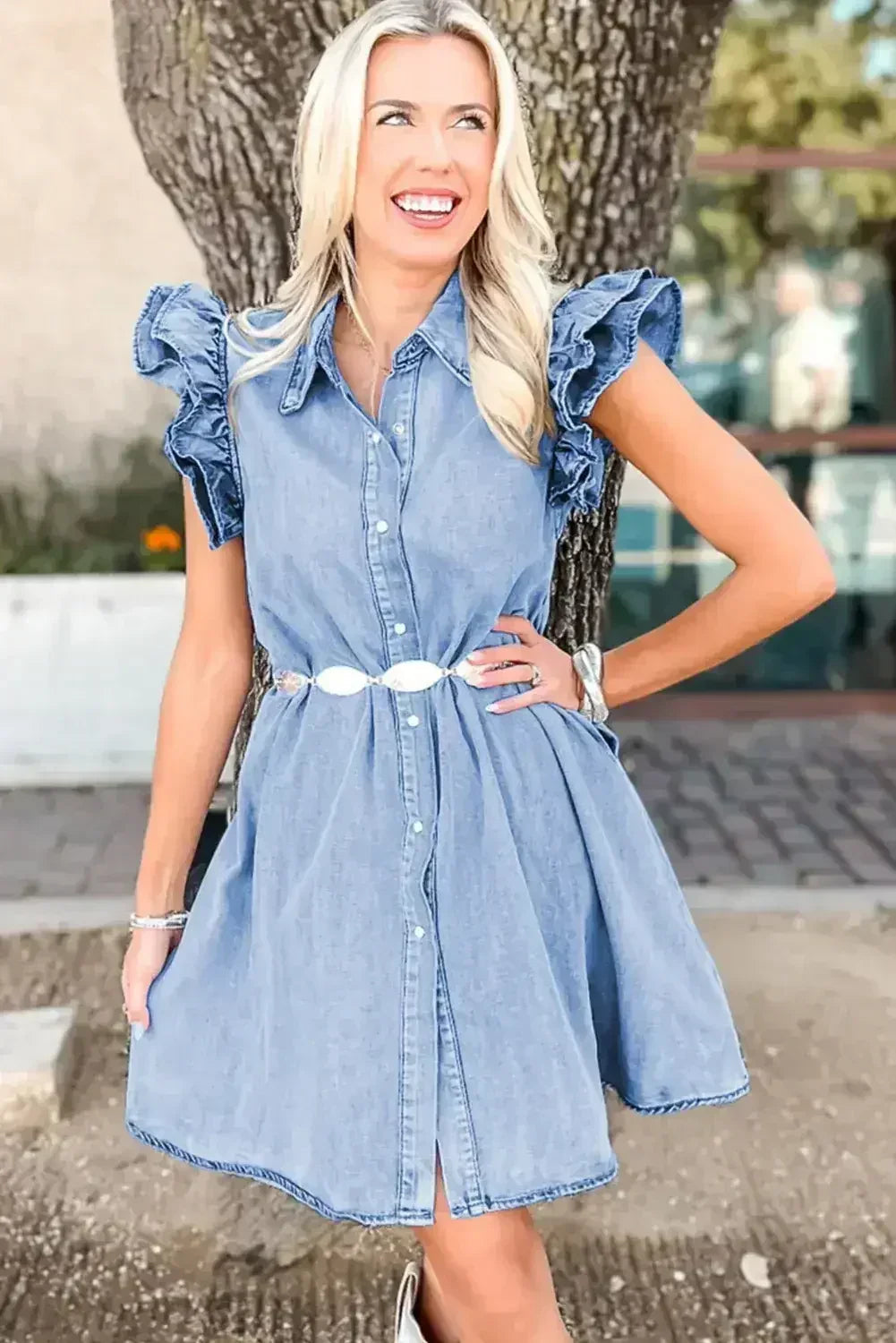 Beau Blue Ruffle Sleeve Button Down A-line Mini Denim Dress