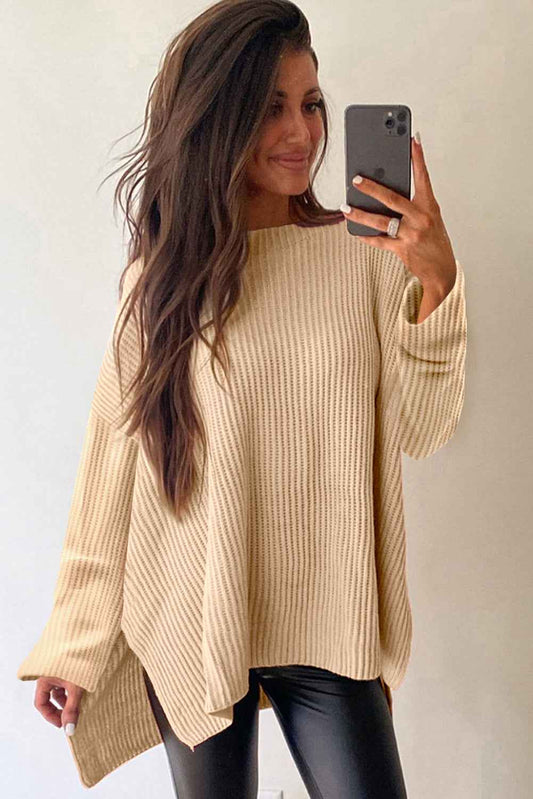 Apricot Oversized Sweater with Side Slits for Women