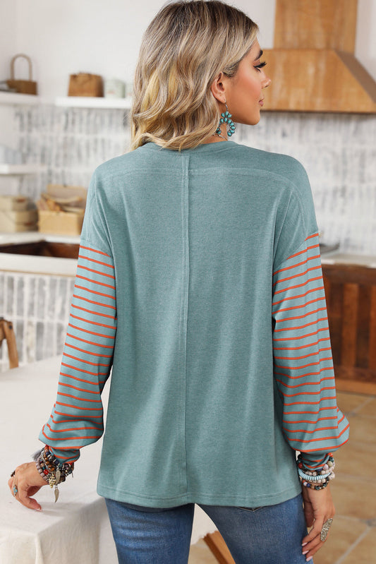 Green Color block Striped Women's Top with Bishop Sleeves and Side Slits