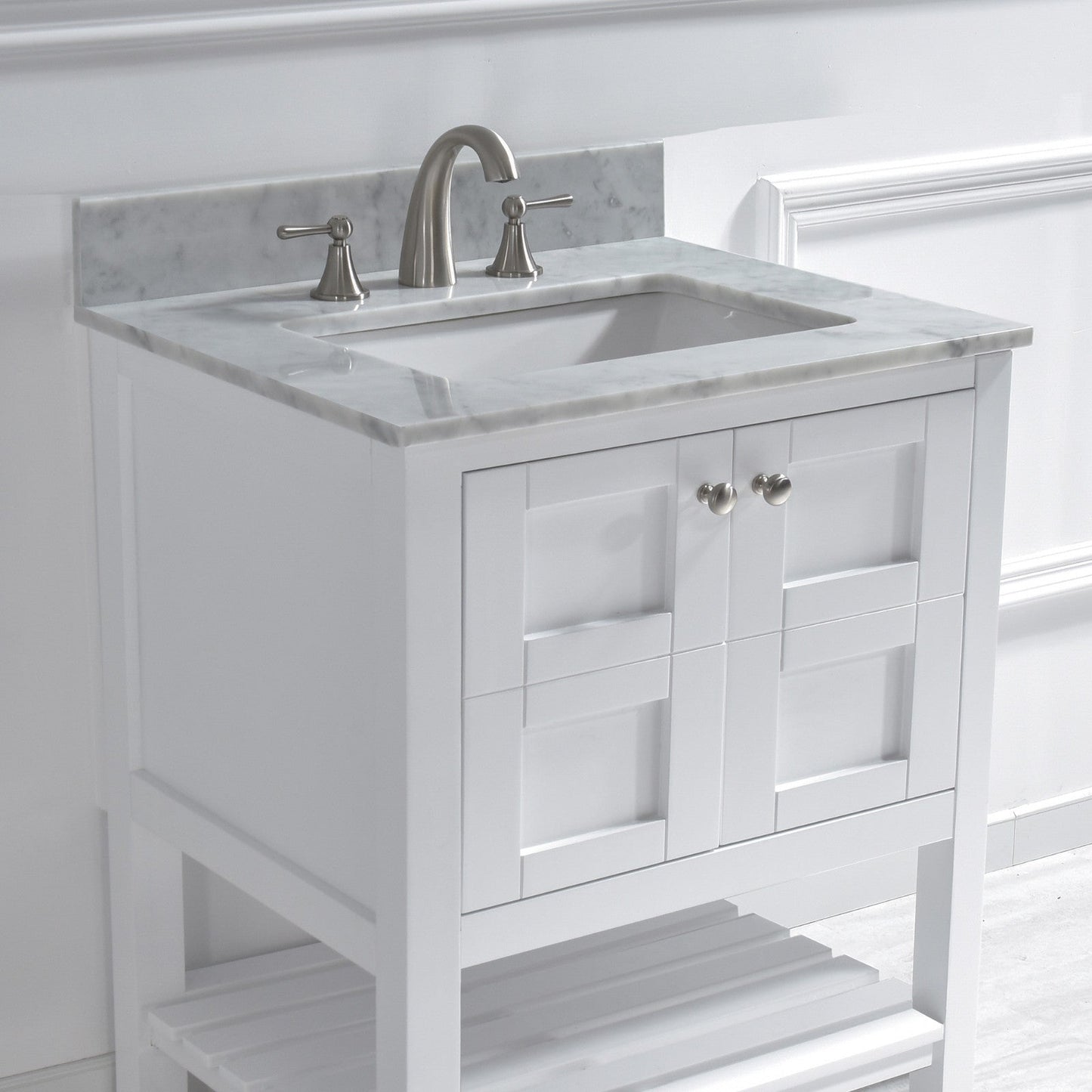 WOODBRIDGE 31" x 22" Vanity Top with Single Under Mount Rectangle Bowl, Carrara White Marble, Pre-drilled with 3-hole for 8-inch Widespread Faucet set up Option