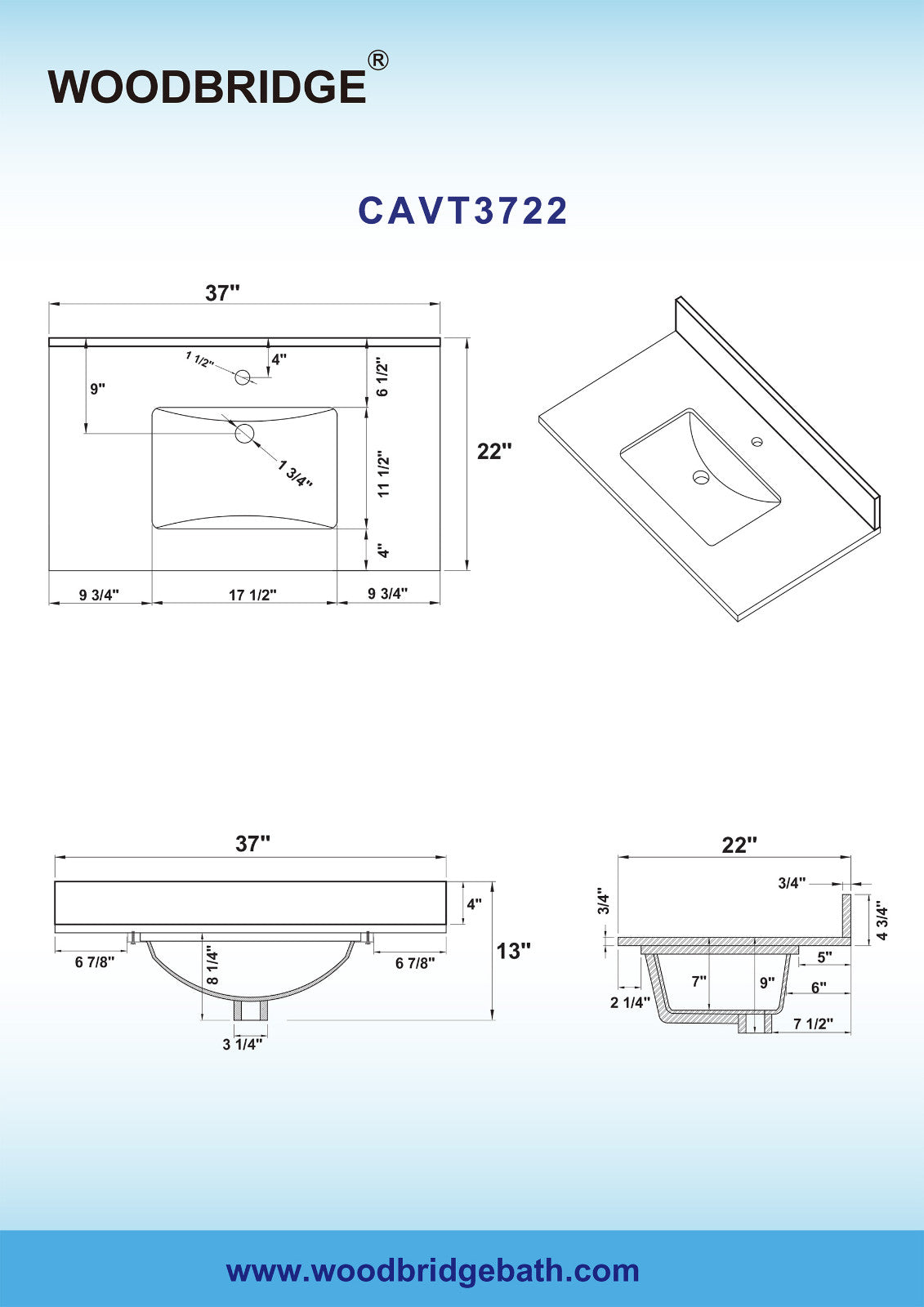 WOODBRIDGE 37" x22" Vanity Top with Single Under Mount Rectangle Bowl, Carrara White Marble, Pre-drilled with Single hole Faucet set up Option