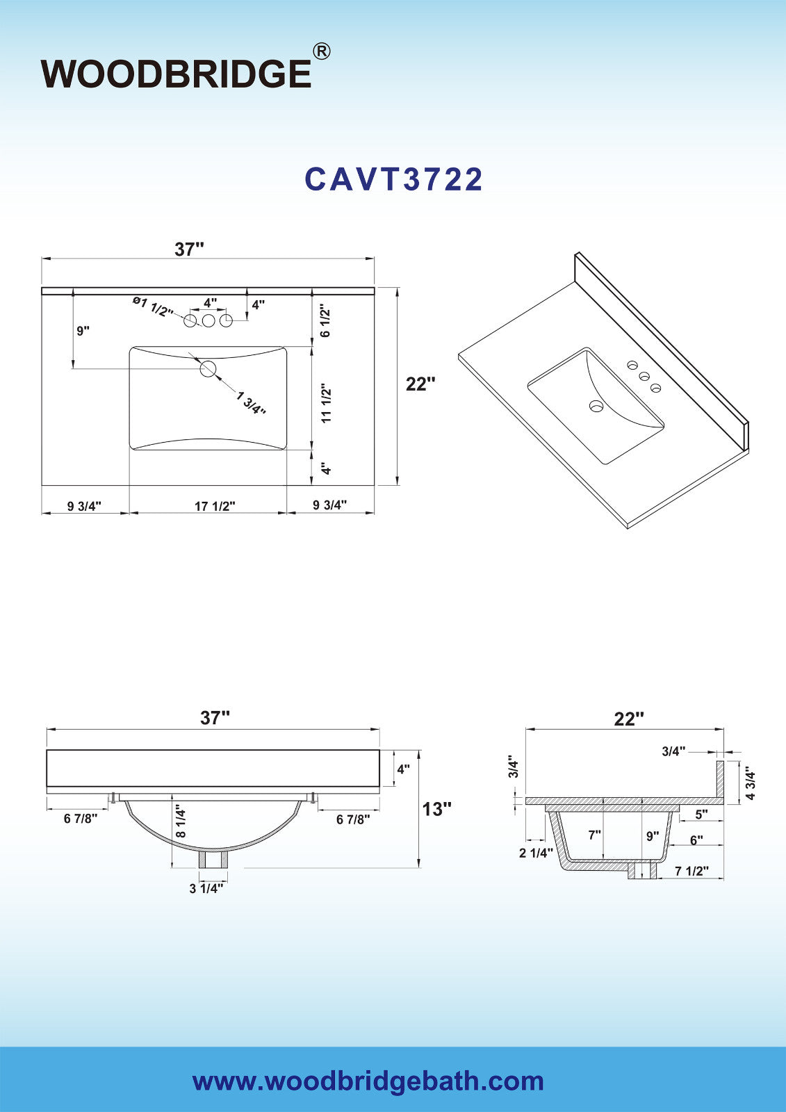 WOODBRIDGE 37" x22" Vanity Top with Single Under Mount Rectangle Bowl, Carrara White Marble, Pre-drilled with 3-hole for 4-inch Centerset Faucet set up Option