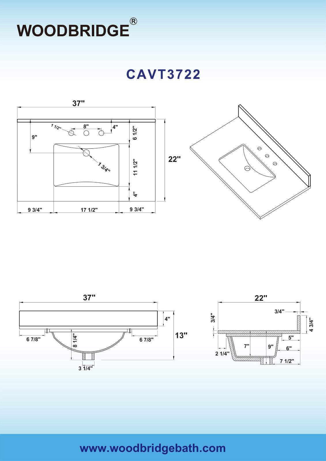 WOODBRIDGE 37" x22" Vanity Top with Single Under Mount Rectangle Bowl, Carrara White Marble, Pre-drilled with 3-hole for 8-inch Widespread Faucet set up Option