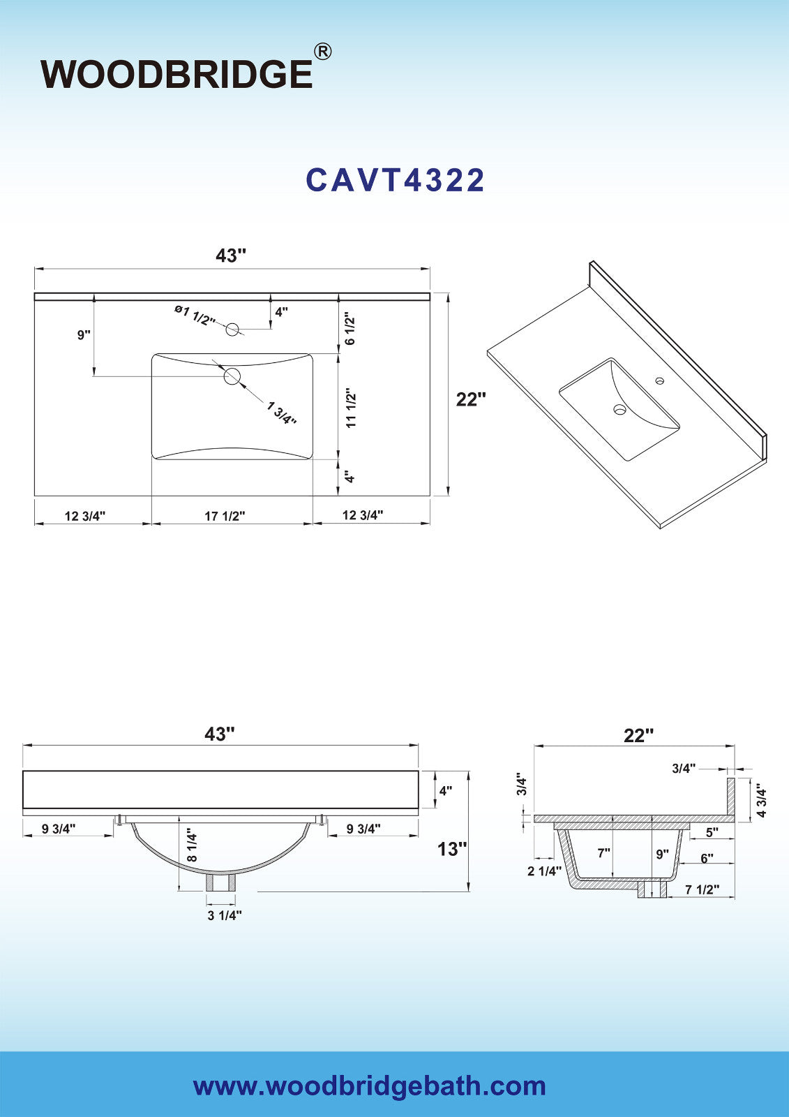 WOODBRIDGE 43" x22" Vanity Top with Single Under Mount Rectangle Bowl, Carrara White Marble, Pre-drilled with Single hole Faucet set up Option