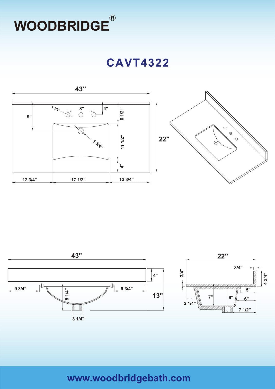 Best Seller WOODBRIDGE CAVT4322-8 Vanity Top with Under Mount Bowl, 43"x22", Carra White, Natural Stone