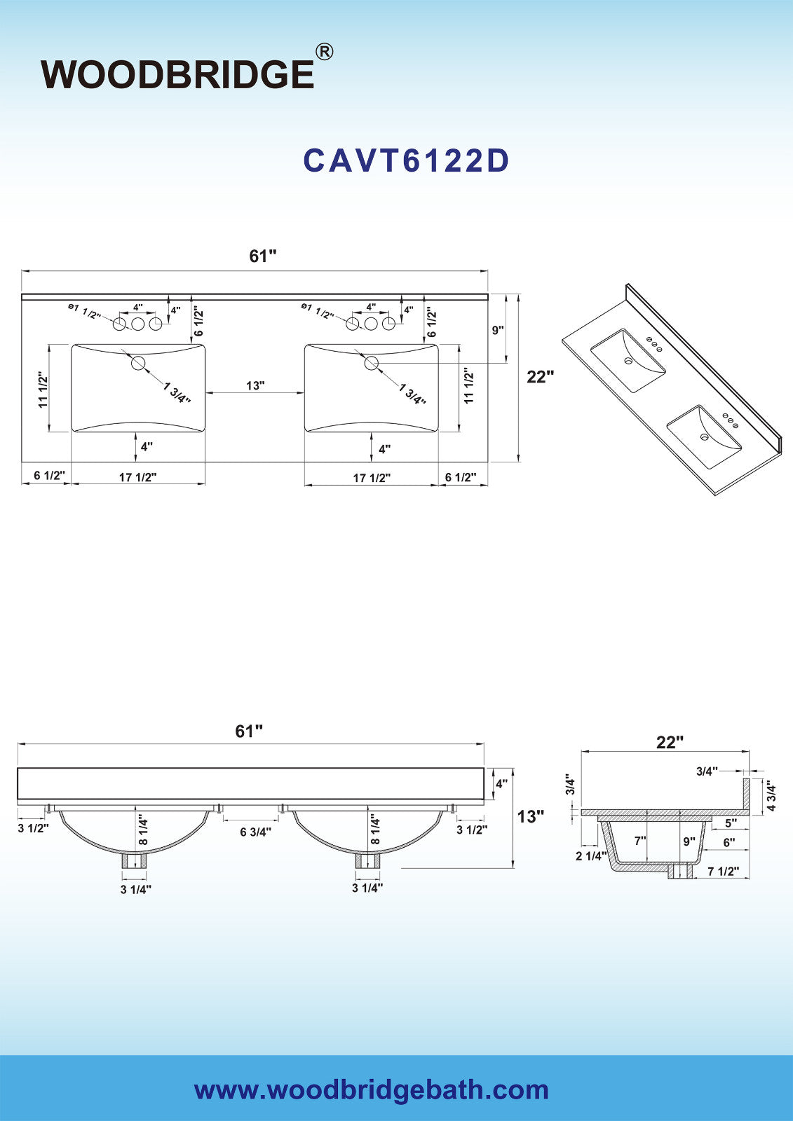 WOODBRIDGE 61" x 22" Vanity Top with Double Under Mount Rectangle Bowls, Carrara White Marble, Pre-drilled with 3-hole for 4-inch Centerset Faucet set up Option