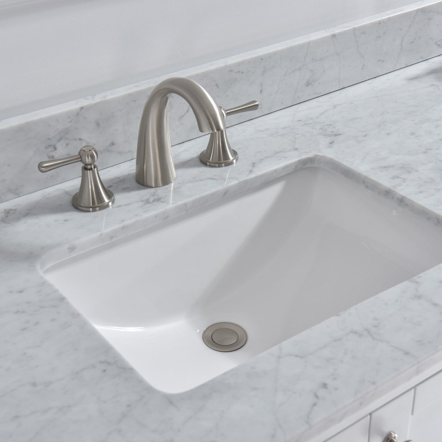 WOODBRIDGE 61" x 22" Vanity Top with Double Under Mount Rectangle Bowls, Carrara White Marble, Pre-drilled with 3-hole for 8-inch Widespread Faucet set up Option