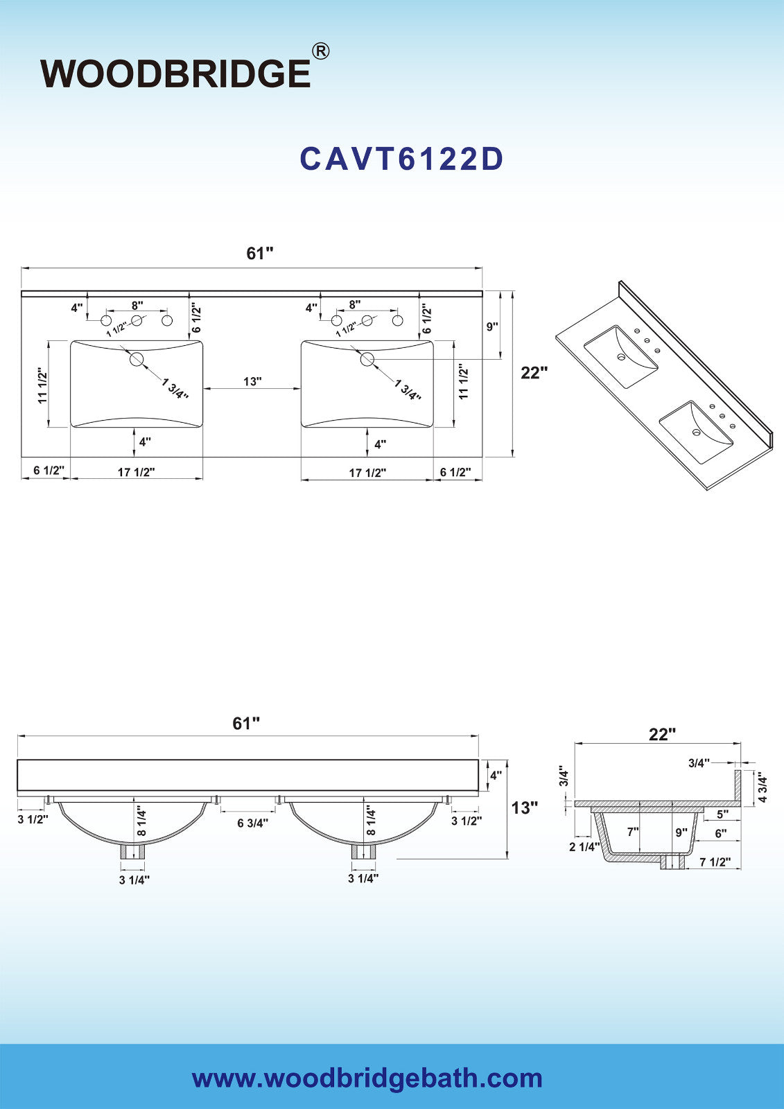 WOODBRIDGE 61" x 22" Vanity Top with Double Under Mount Rectangle Bowls, Carrara White Marble, Pre-drilled with 3-hole for 8-inch Widespread Faucet set up Option