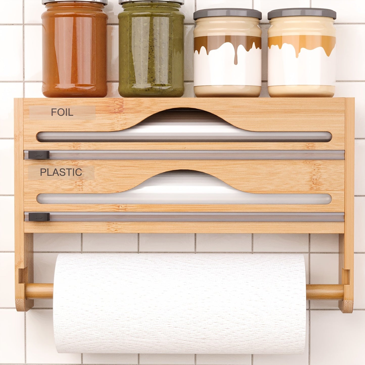 1pc Bamboo Kitchen Wrap Organizer - 4-in-1 Wall Mount Storage for