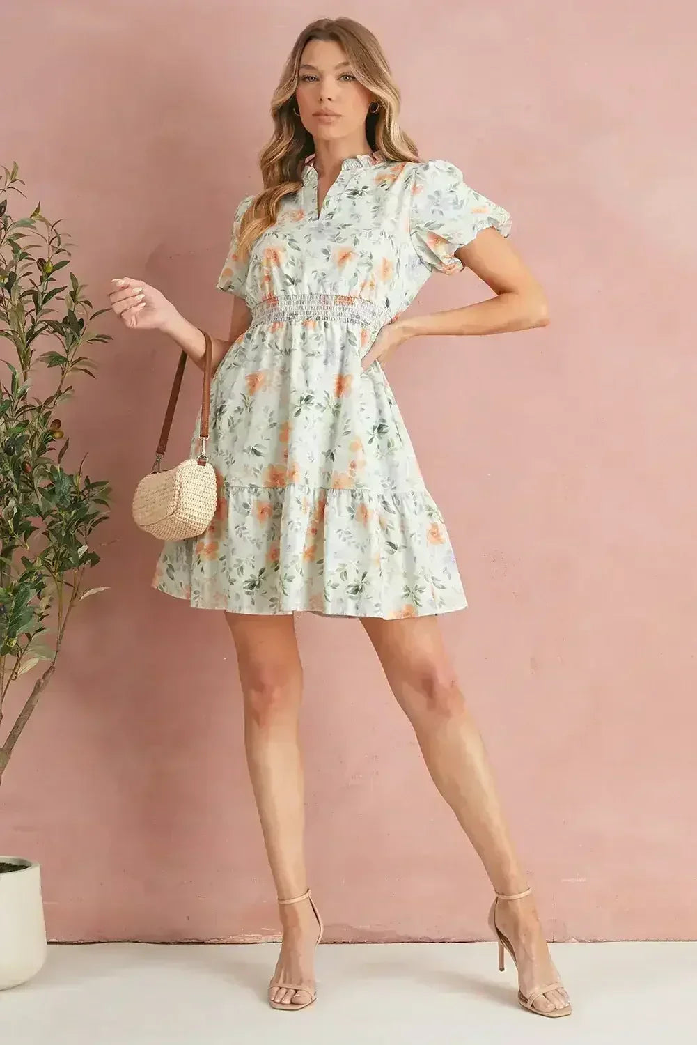 Beige Floral Print Smocked High Waist Puff Sleeve Mini Dress