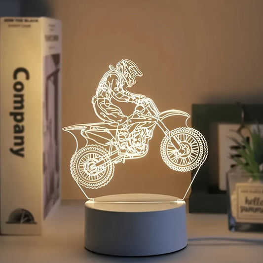 Motorcycle-themed night light on a table with a blurred background.
