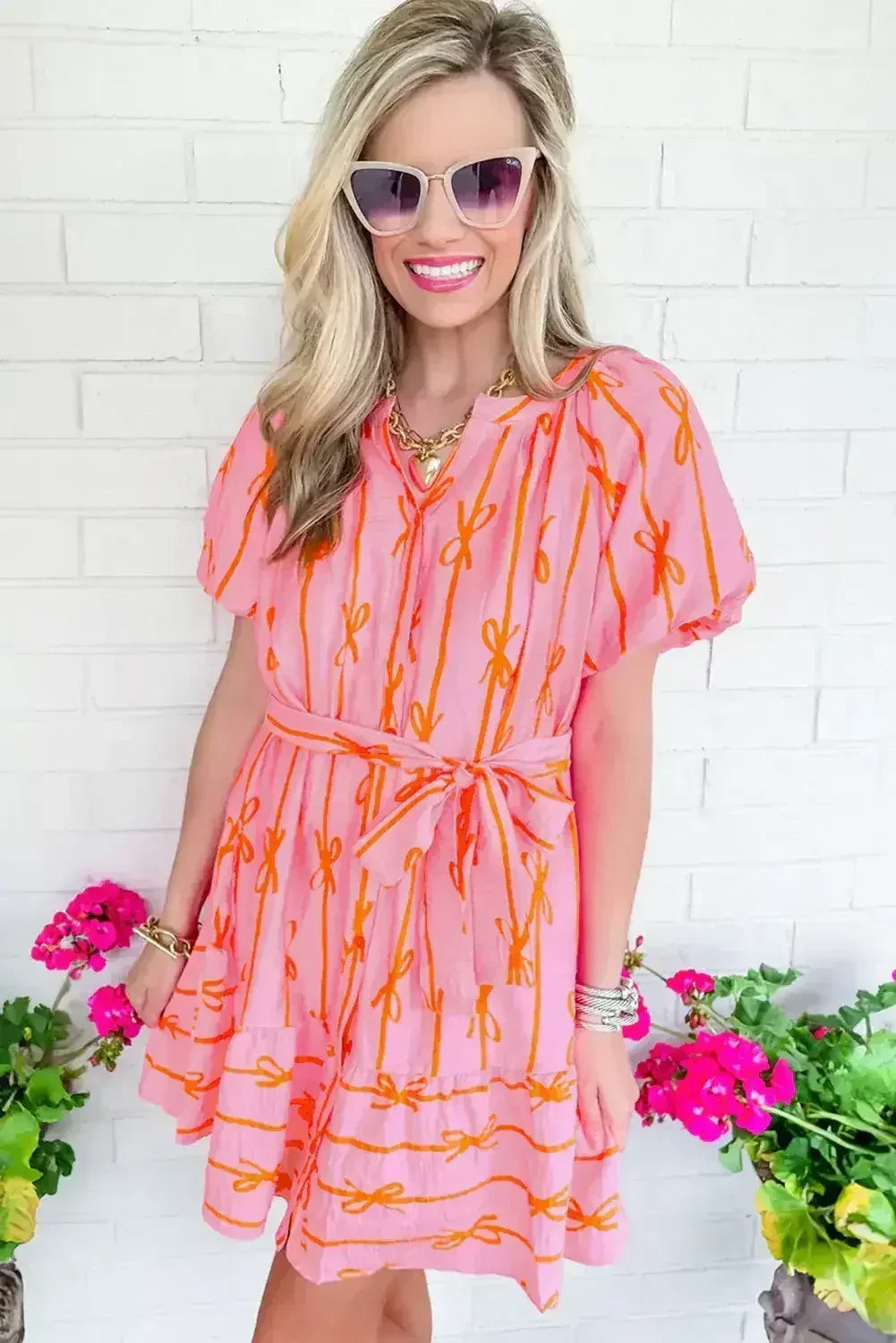 Pink Bowknot Striped Printed Bubble Sleeve Buttoned Belted Mini Dress