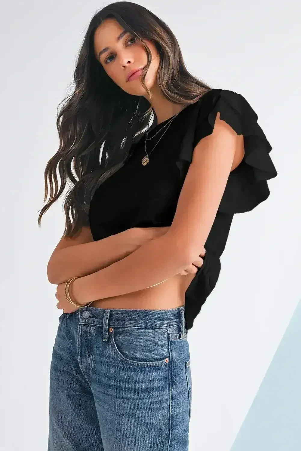 Dark Grey Ruffle Sleeve Plain Blouse | Femstylo