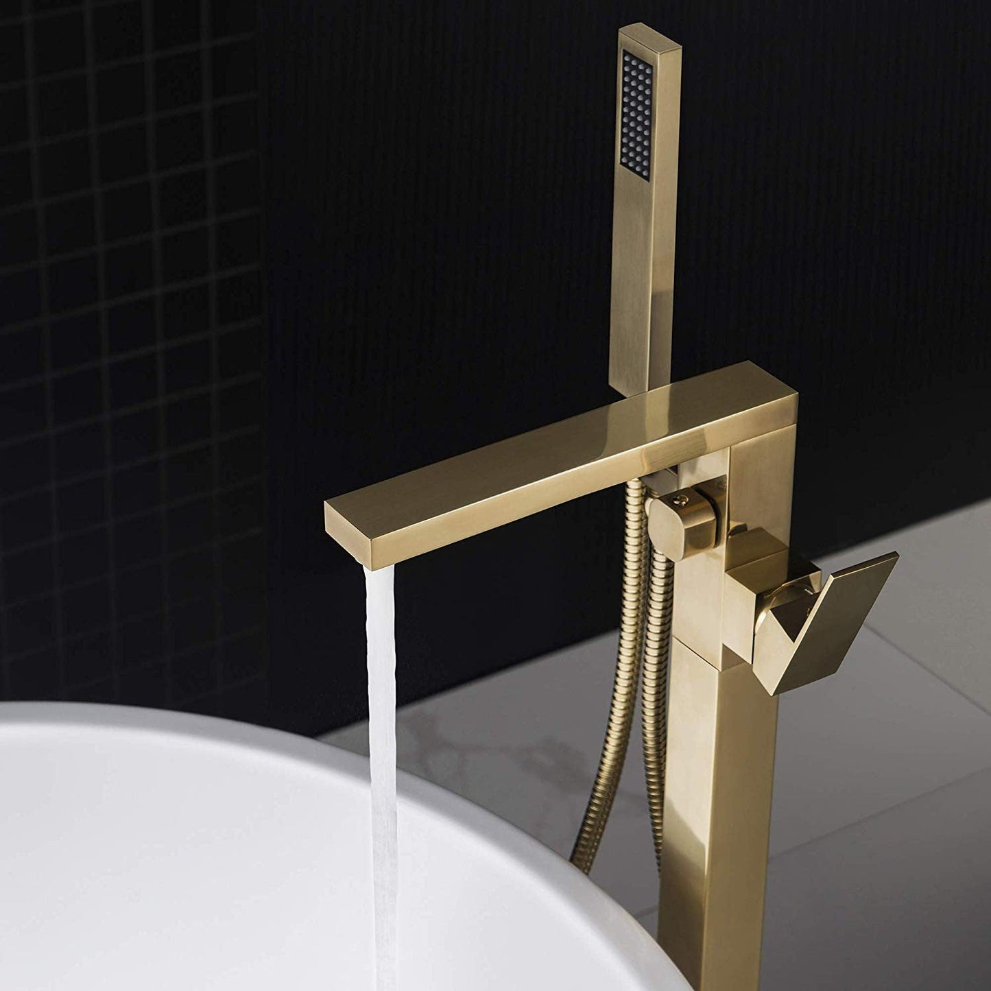 WOODBRIDGE F0003BN Contemporary Single Handle Floor Mount Freestanding Tub Filler Faucet with Hand shower