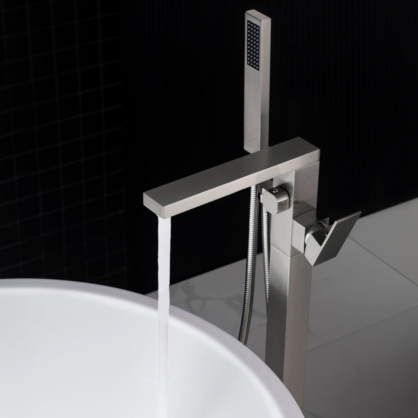 WOODBRIDGE F0003BN Contemporary Single Handle Floor Mount Freestanding Tub Filler Faucet with Hand shower