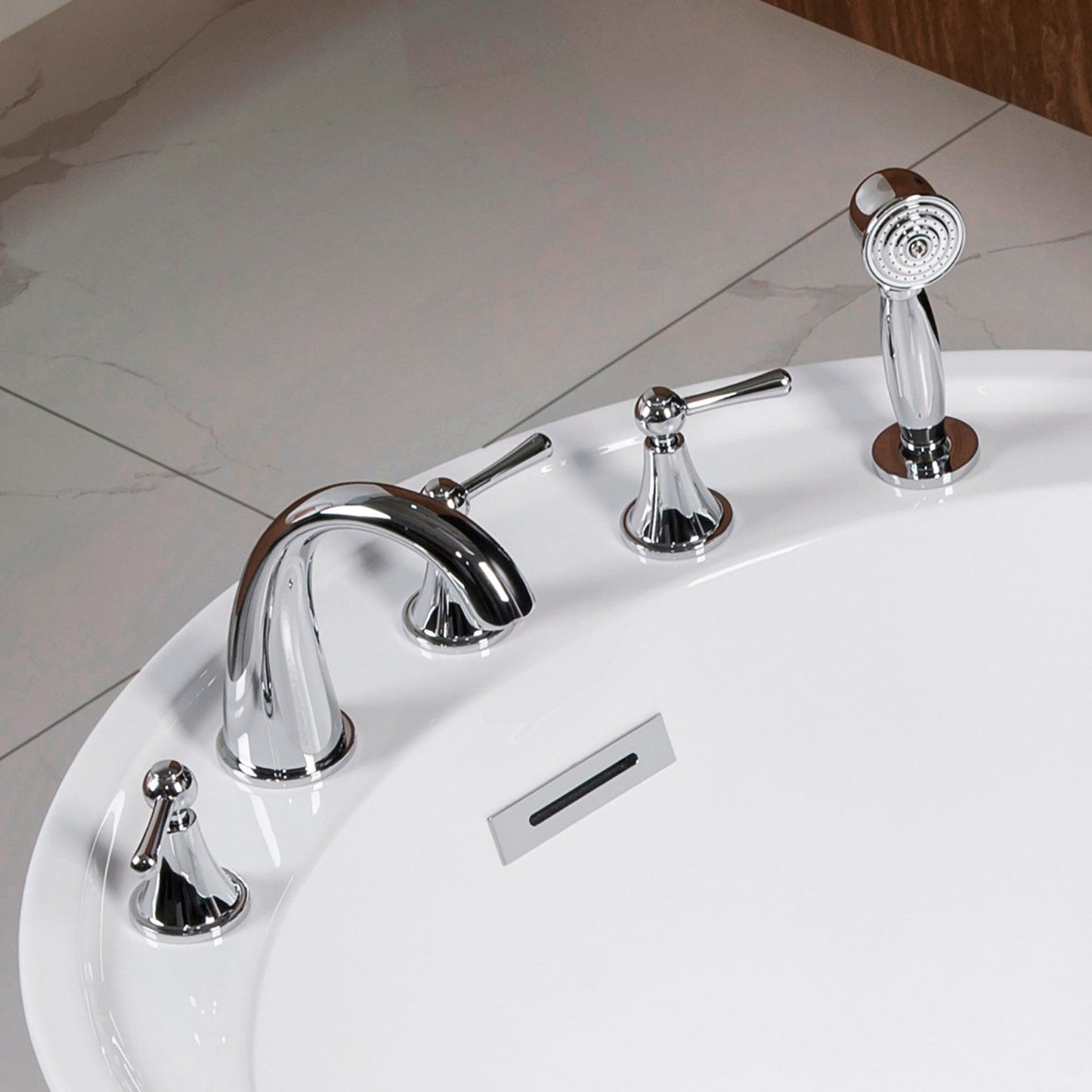 WOODBRIDGE Widespread Deck Mouted 5-Piece Roman Tub Filler with Hand Shower and Metal Lever Handle