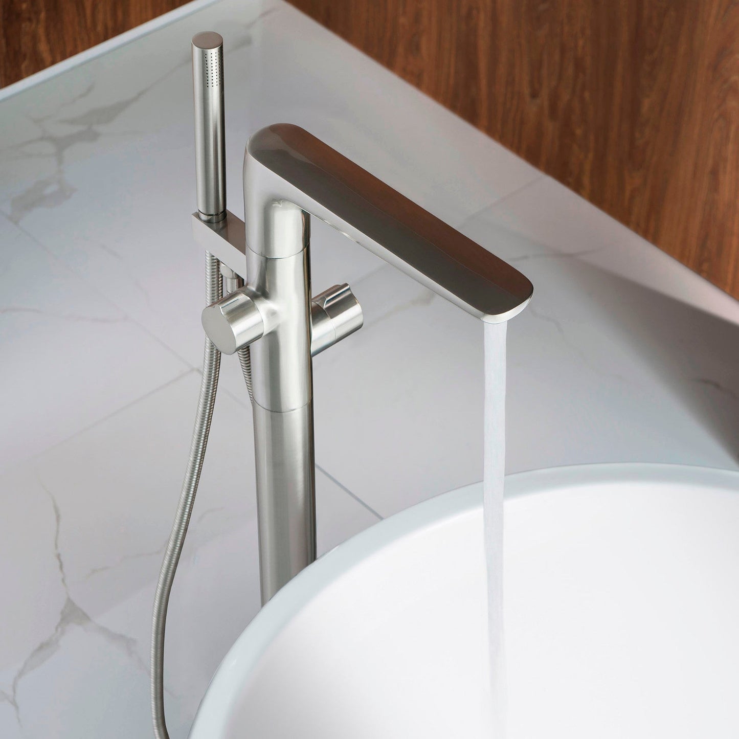 WOODBRIDGE F0014BN Contemporary Single Handle Floor Mount Freestanding Tub Filler Faucet with Hand shower