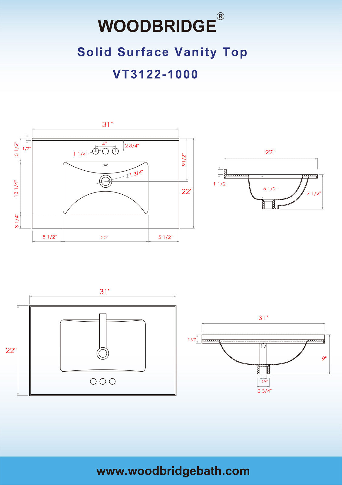 WOODBRIDGE VT3122-1000 Solid Surface Vanity Top with with Intergrated Sink and 3 Faucet Holes for 4-Inch Centerset Faucet, 31" x 22", White