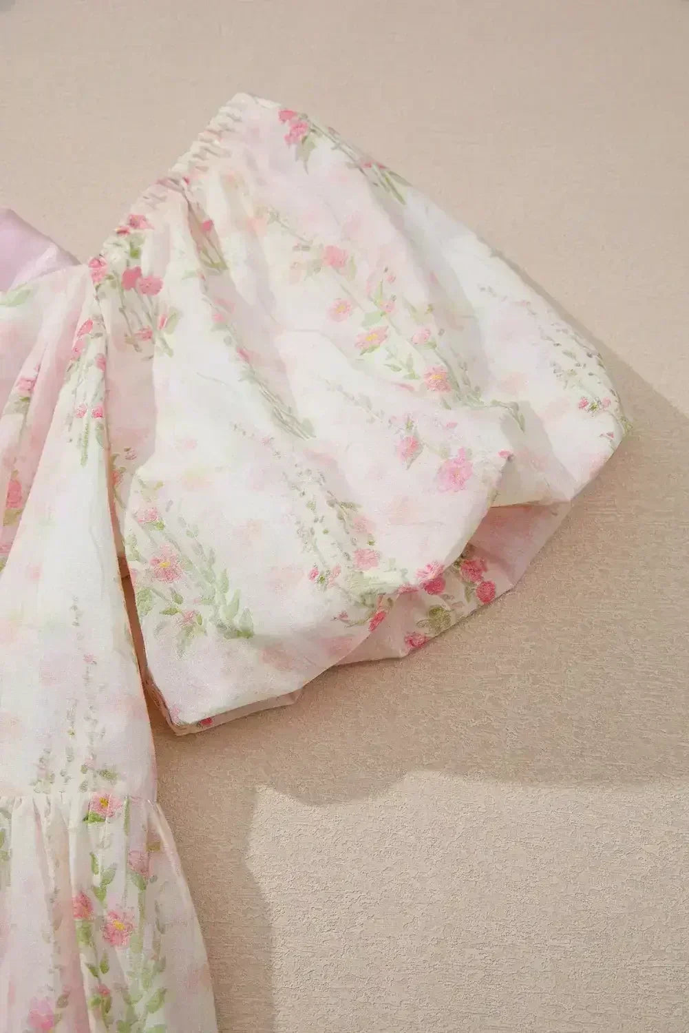 Pink Floral Puff Sleeve Square Neck Knotted Backless Ruffle Mini Dress