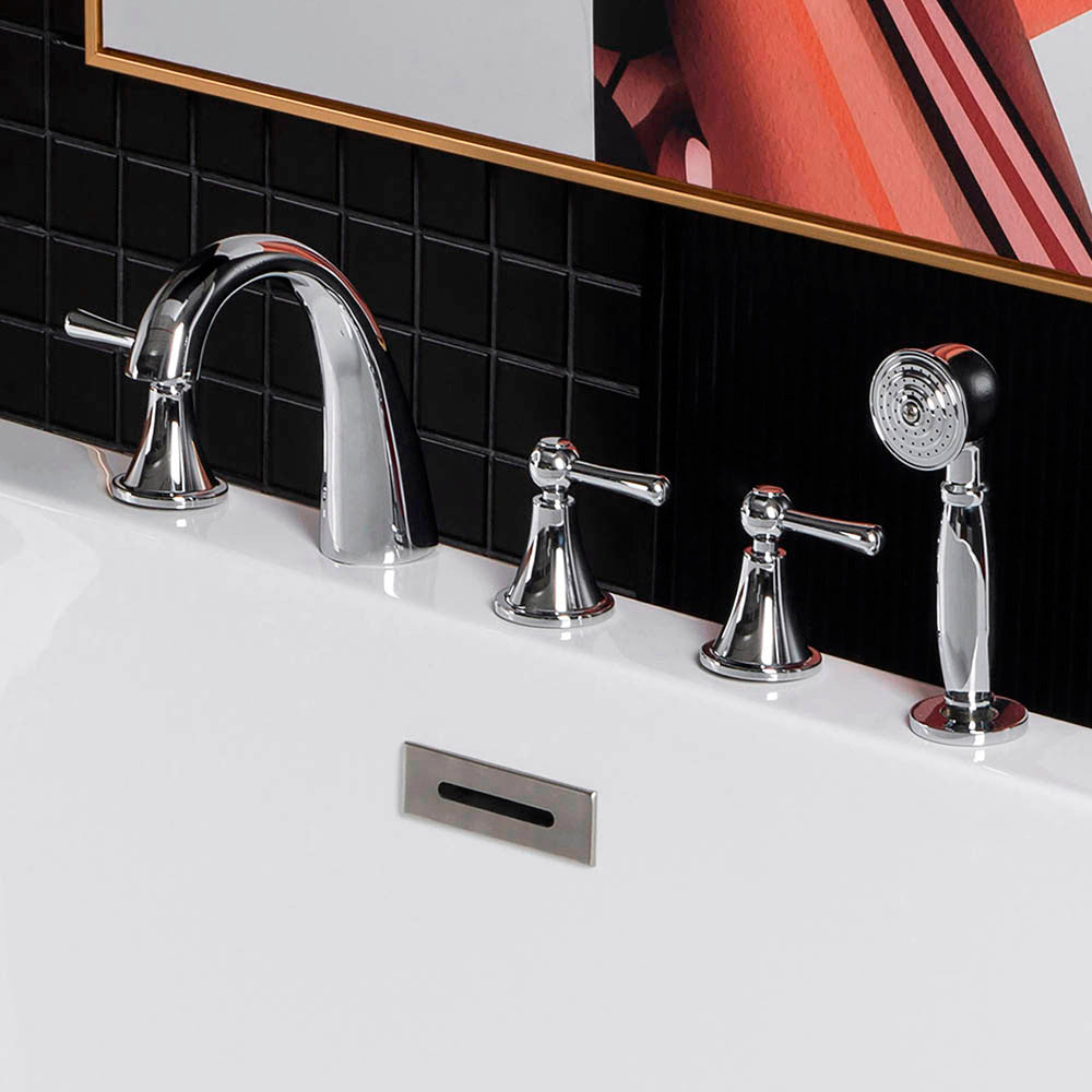 WOODBRIDGE Widespread Deck Mouted 5-Piece Roman Tub Filler with Hand Shower and Metal Lever Handle