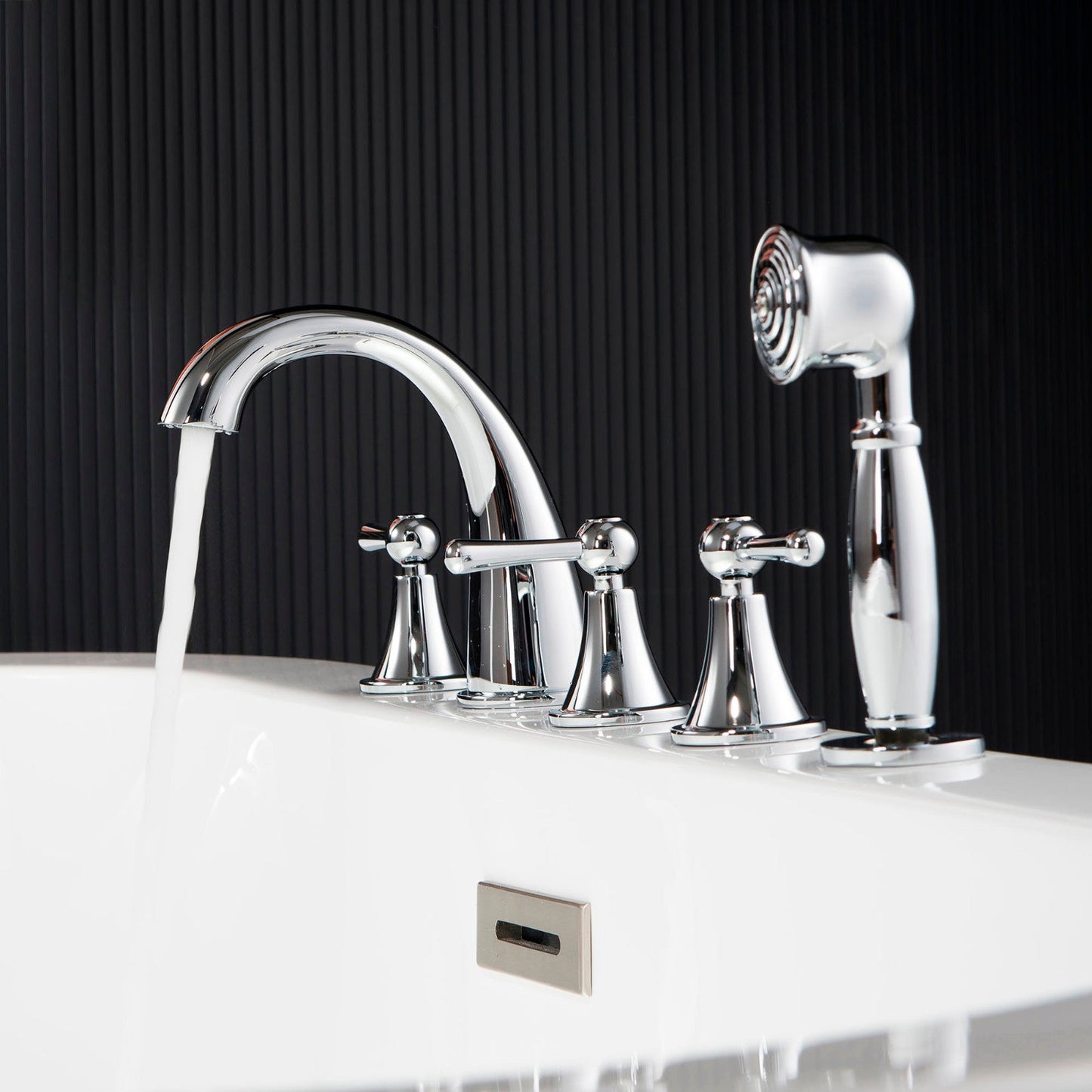 WOODBRIDGE Widespread Deck Mouted 5-Piece Roman Tub Filler with Hand Shower and Metal Lever Handle