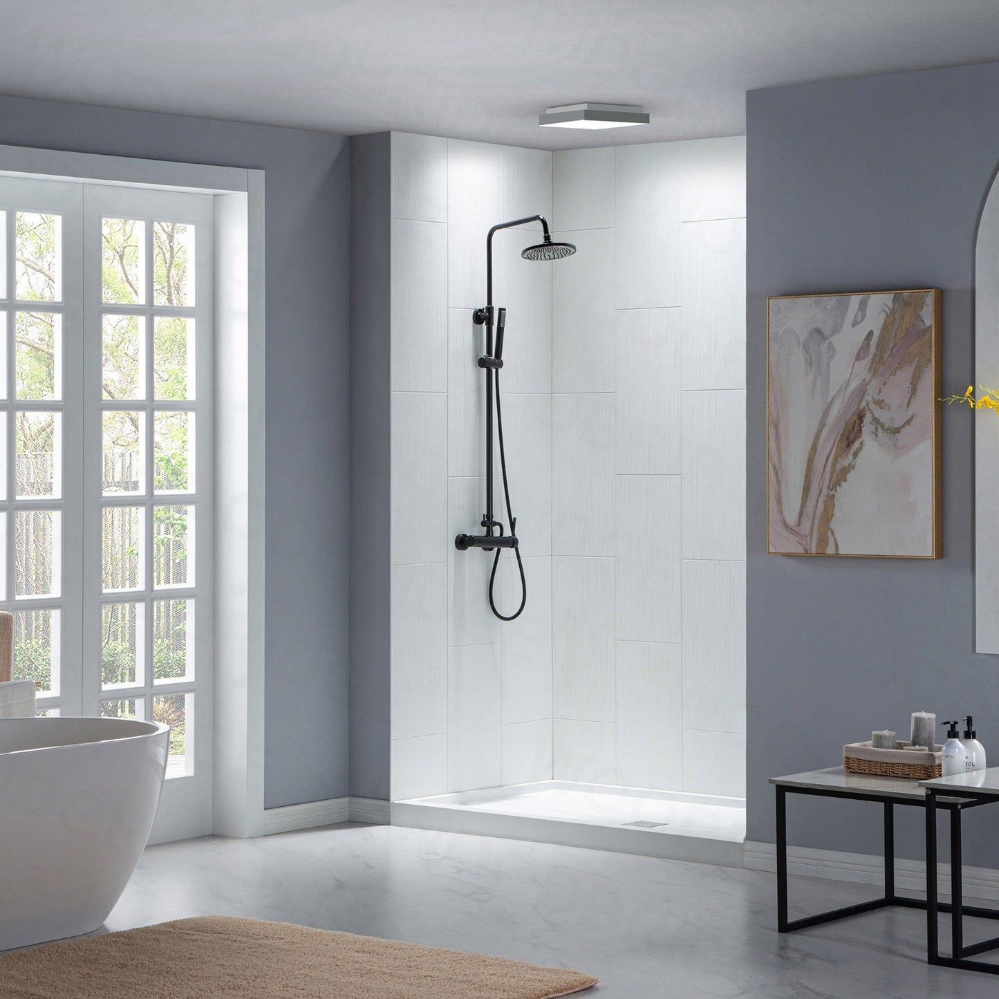 WOODBRIDGE Solid Surface 60" W x 96" H Tile Tub and Shower Wall Panel Surround, Quick Install, Cuttable, Stacked Block in a Staggered Vertical Pattern