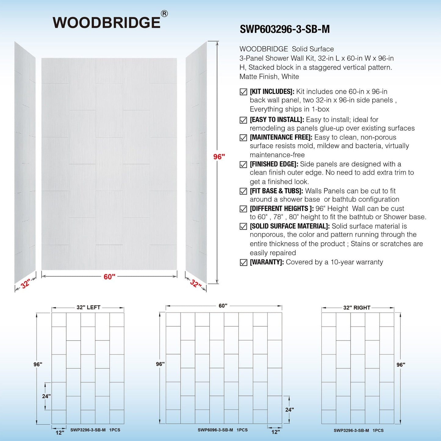 WOODBRIDGE Solid Surface 60" W x 96" H Tile Tub and Shower Wall Panel Surround, Quick Install, Cuttable, Stacked Block in a Staggered Vertical Pattern