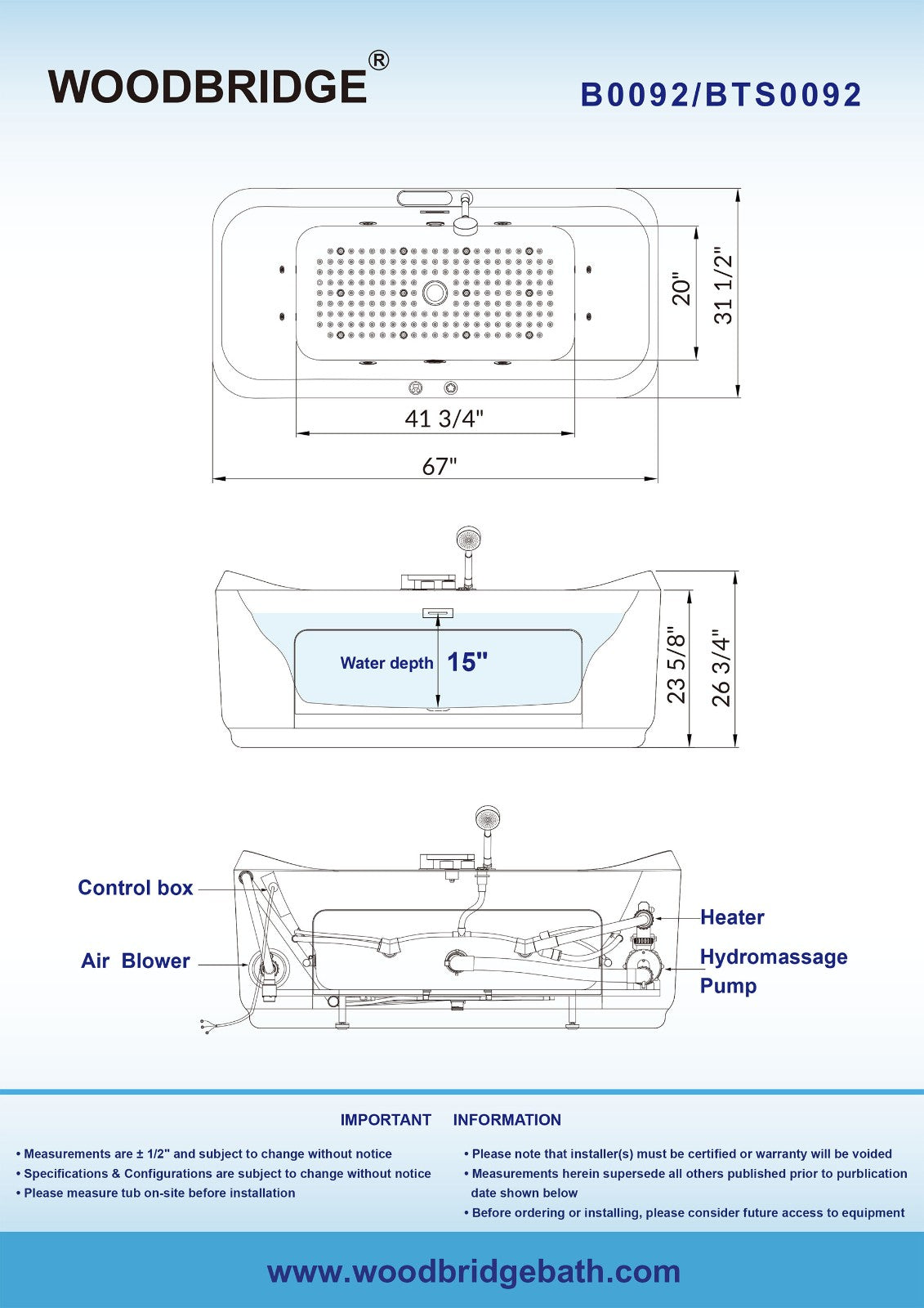 WOODBRIDGE 67"L x 31-1/2"W 1 Person Freestanding Massage Hydrotherapy Bathtub Tub